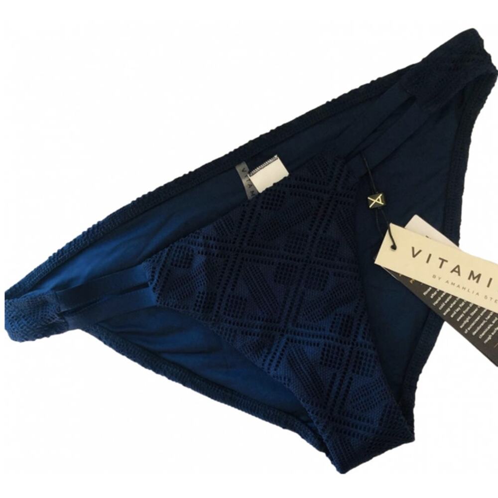 NEW VITAMIN A Navy Blue Textured Geometric Cutout Strappy Bikini Bottom 10 L